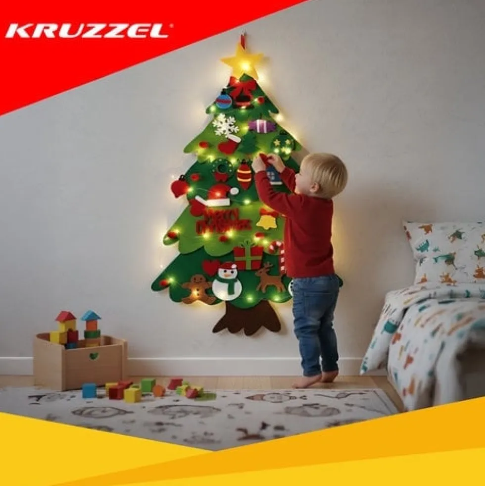 Filtsjulgran för barn 100x70 cm med LED-ljusslinga och 26 dekorationer