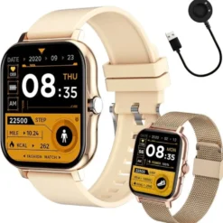 FitPro Smart Klocka med 2 Armband - Mäter Puls, Blodtryck, Sömn och Rörelse - Guld