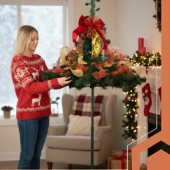 Fällbar julgran 180 cm med inbyggda dekorationer röd/guld