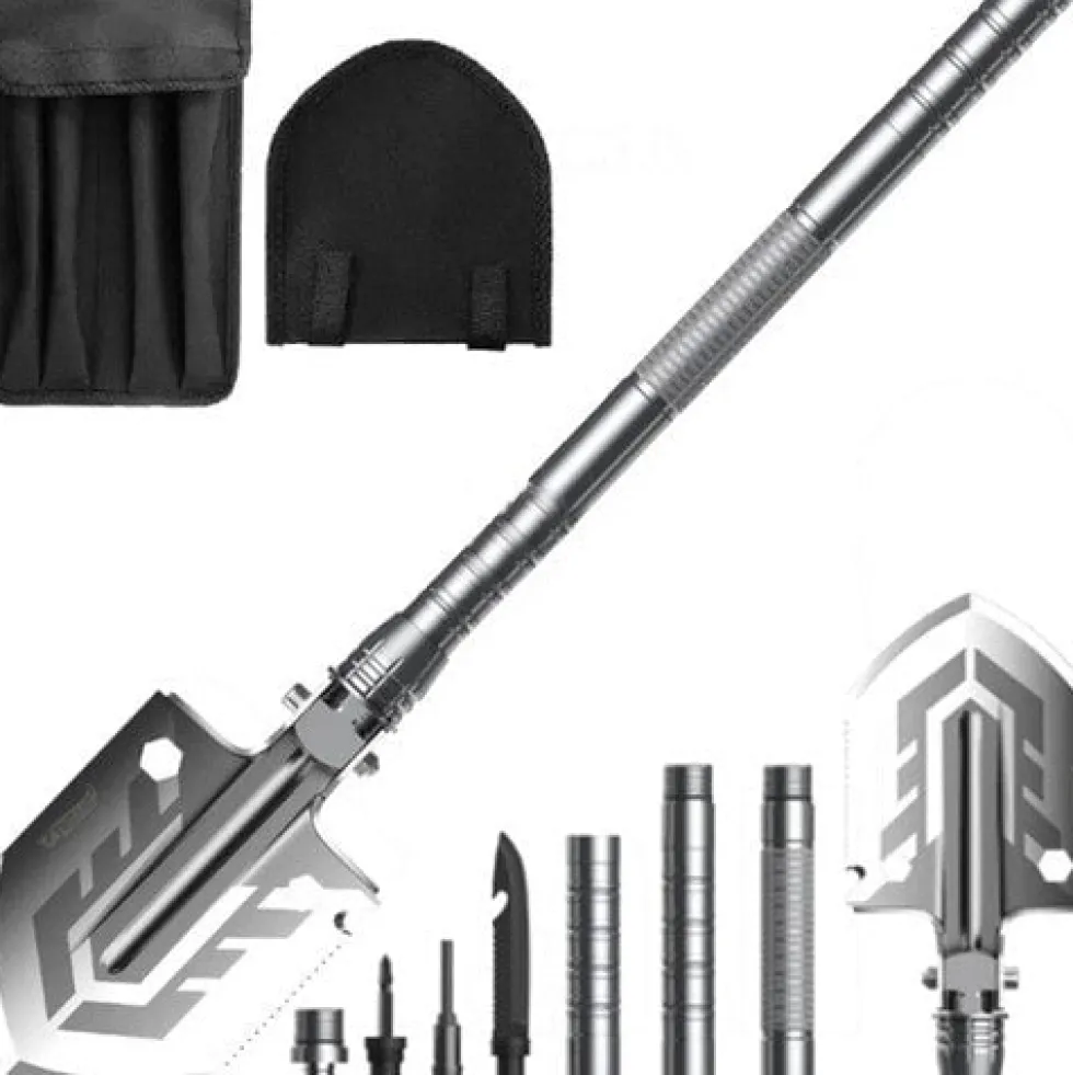 Fällbar multiverktygsspade 16-i-1 med 2 nylonfodral, aluminium/rostfritt