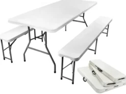 Fällbart trädgårdsbord med 2 bänkar 180x74 cm för 6 personer