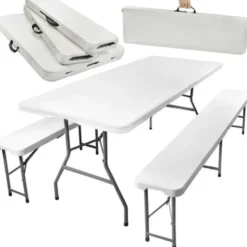 Fällbart trädgårdsbord med 2 bänkar 180x74 cm för 6 personer