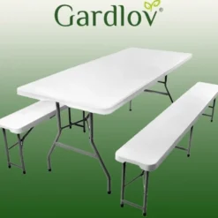 Fällbart trädgårdsbord med 2 bänkar 180x74 cm för 6 personer