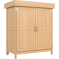 Fristående trädgårdsskjul Outsunny med dubbeldörr, hyllplan och upphöjbart bitumentak, Mått: 74L x 43B x 88H cm, Massivt granträ