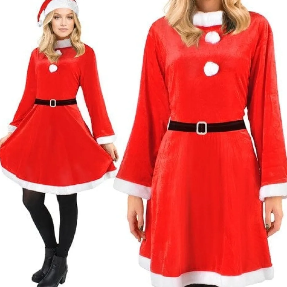 Fru Claus tomtemor kostymset röd/vit med klänning, hatt och bälte