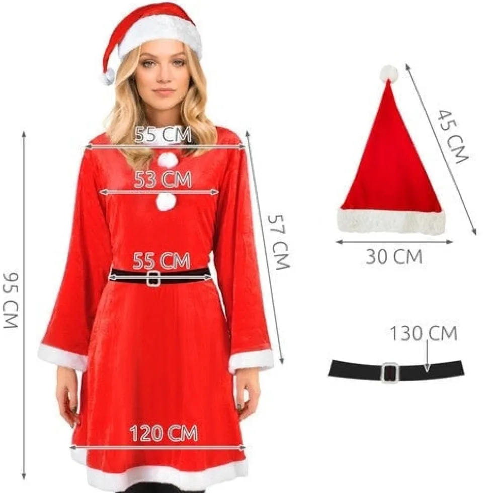Fru Claus tomtemor kostymset röd/vit med klänning, hatt och bälte