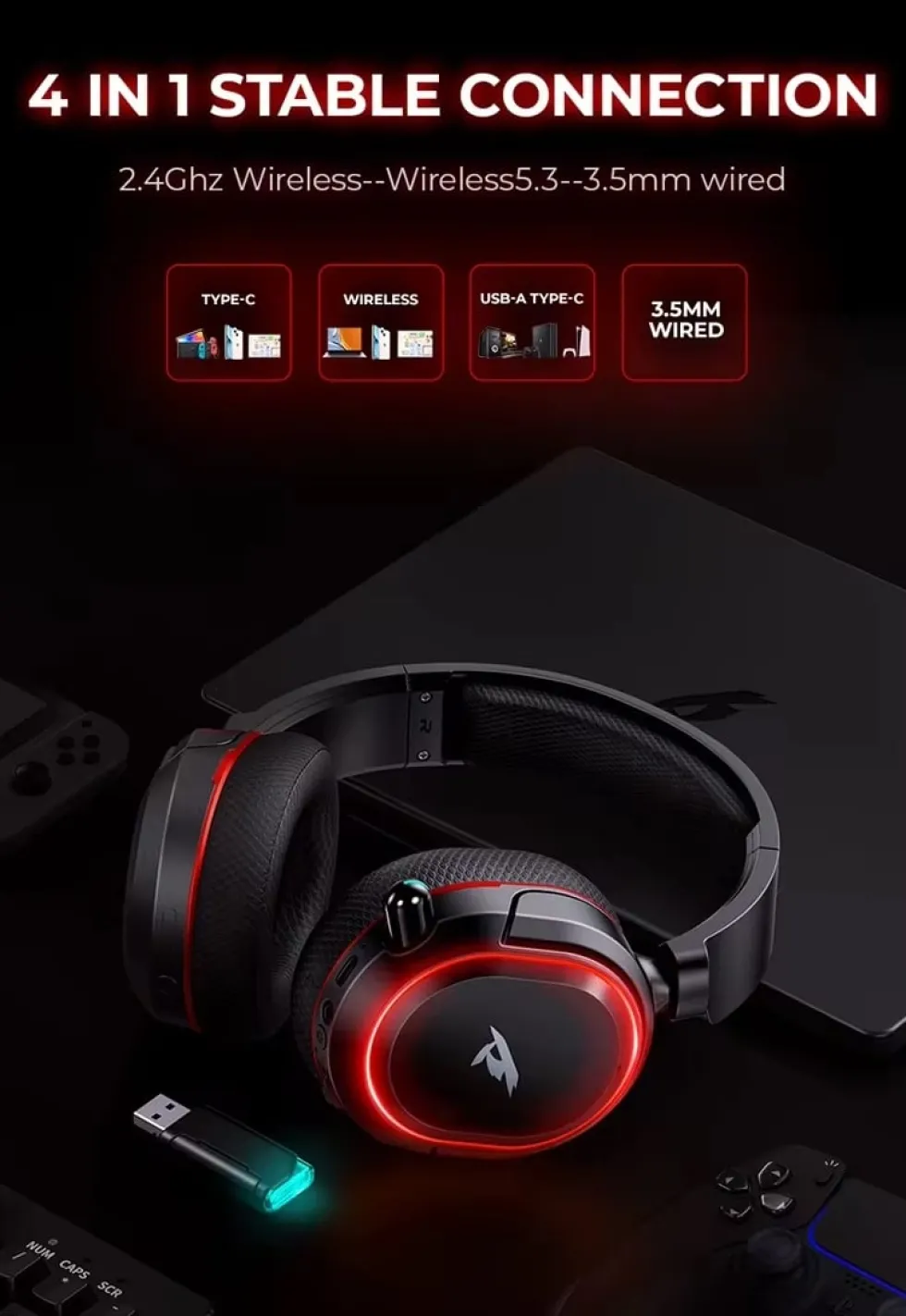 Gaming hörlurar med mic Picun G2 - Trådlösa upp till 75h kompatibel med PS5 Slim