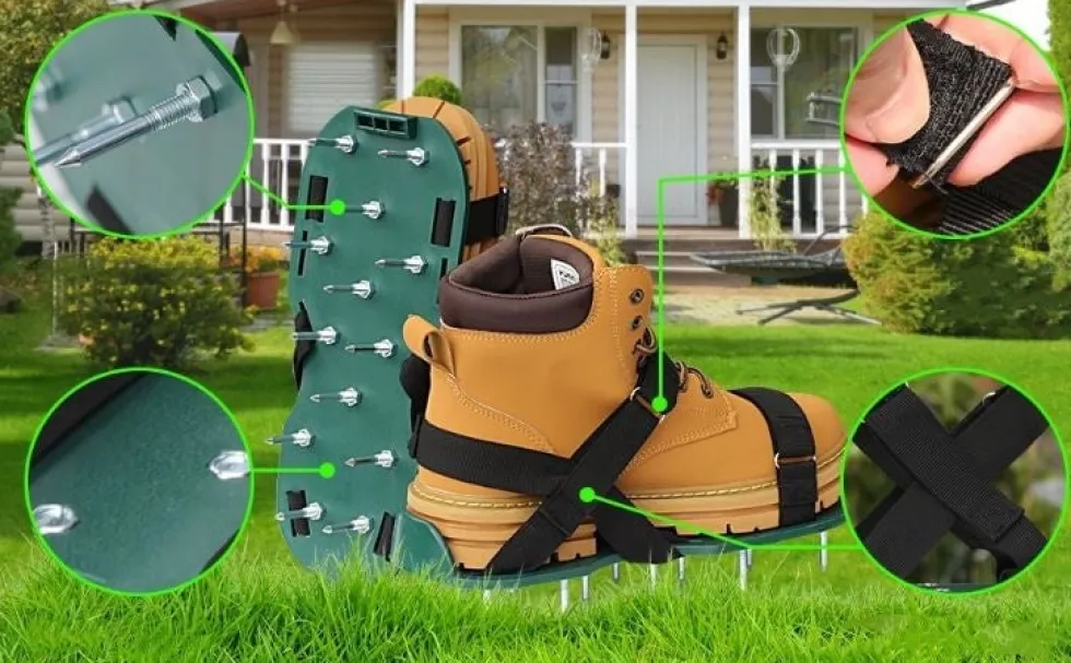 Gräsmatteluftare aeratorskor med 4,2 cm stålpiggar, justerbara remmar
