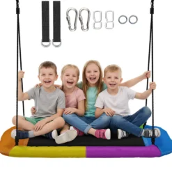 Gungbo, höjdjusterbar, hängande gunga upp till 300 kg med justerbara rep, för åldrarna 3-8, 148x77x180 cm, flerfärgad