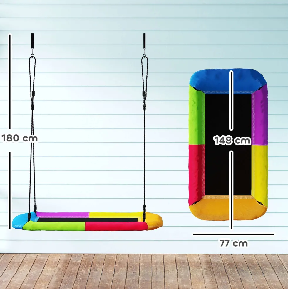 Gungbo, höjdjusterbar, hängande gunga upp till 300 kg med justerbara rep, för åldrarna 3-8, 148x77x180 cm, flerfärgad