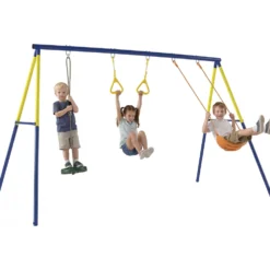 Gungställning upp till 150 kg, 3-i-1 barngungställning med klassisk gunga, gymnastikringar, stågunga, 285x160x181 cm