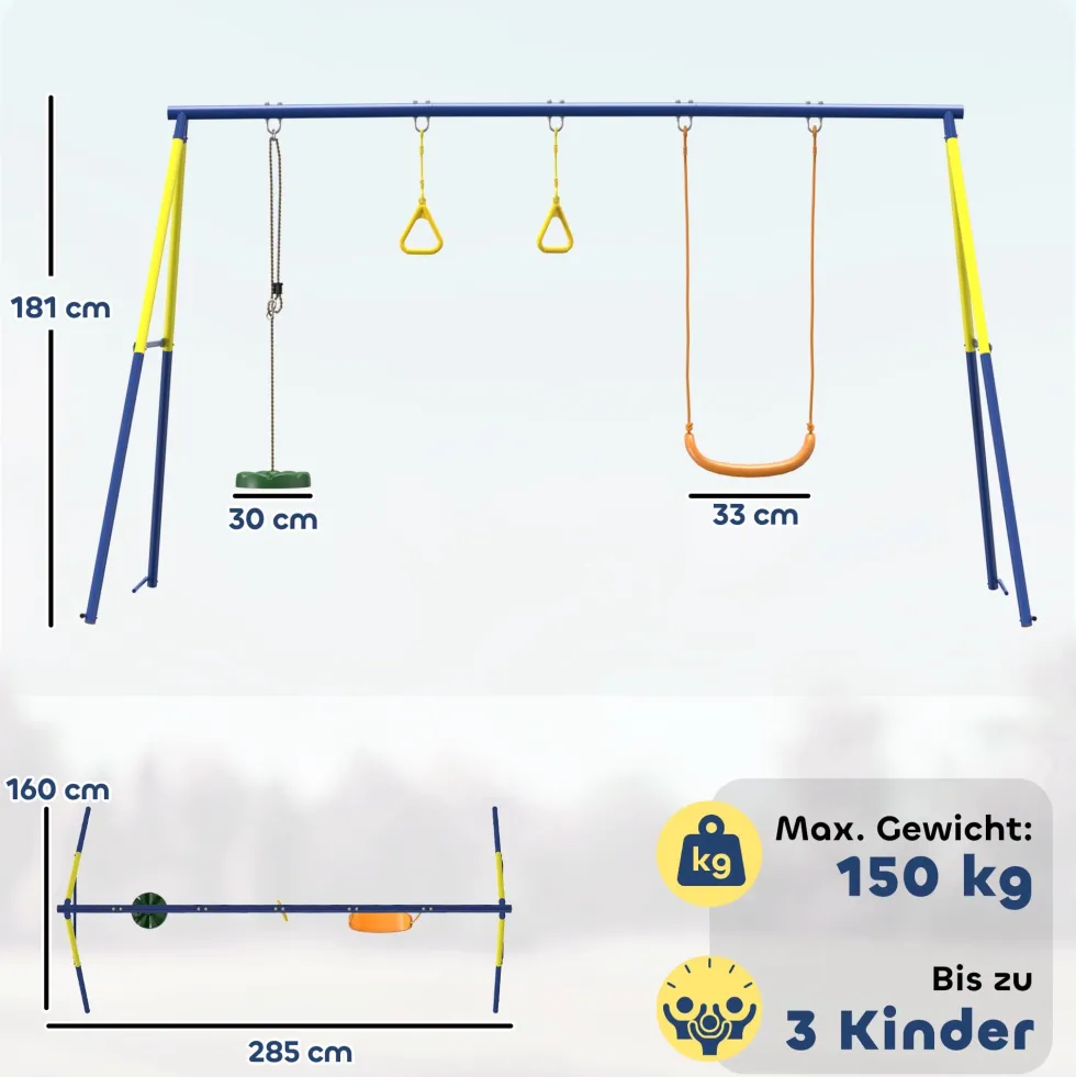 Gungställning upp till 150 kg, 3-i-1 barngungställning med klassisk gunga, gymnastikringar, stågunga, 285x160x181 cm
