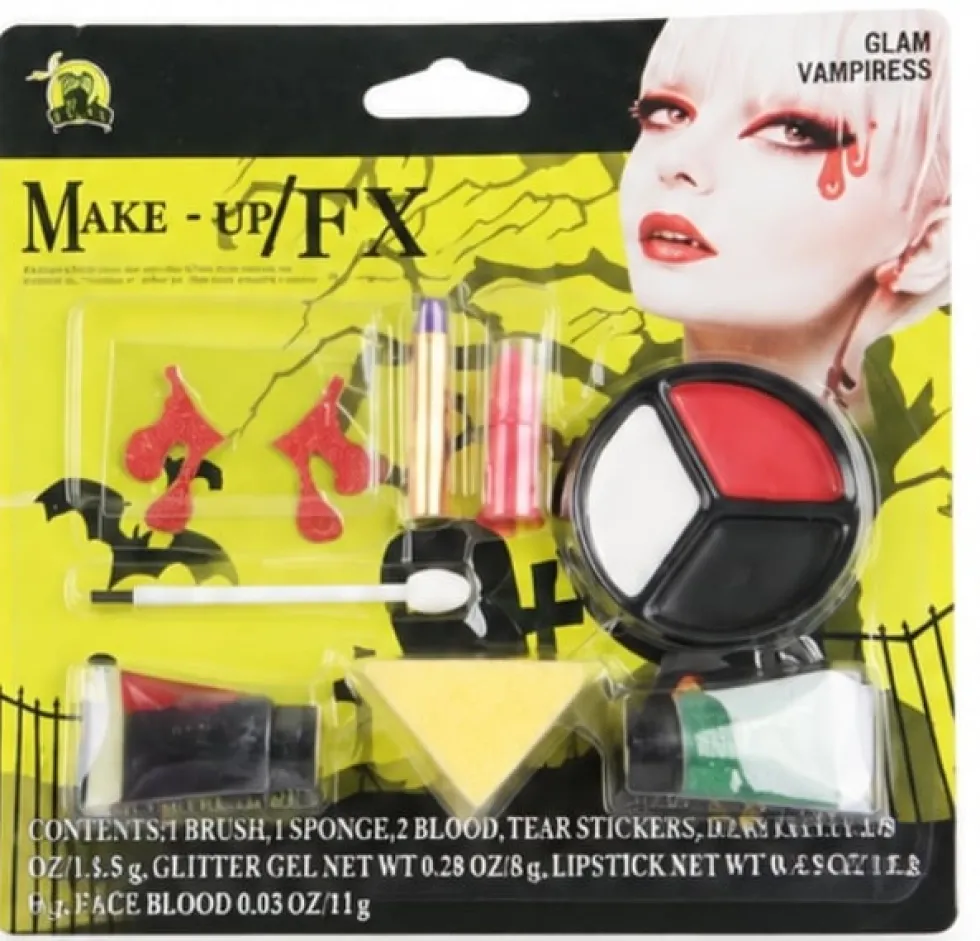 Halloween sminkkit vampyr med ansiktsfärg, fejkblod 8 ml och rött läppstift
