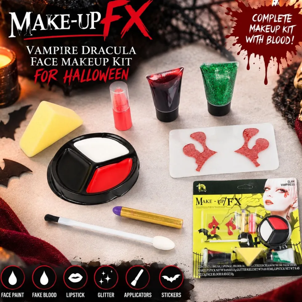 Halloween sminkkit vampyr med ansiktsfärg, fejkblod 8 ml och rött läppstift