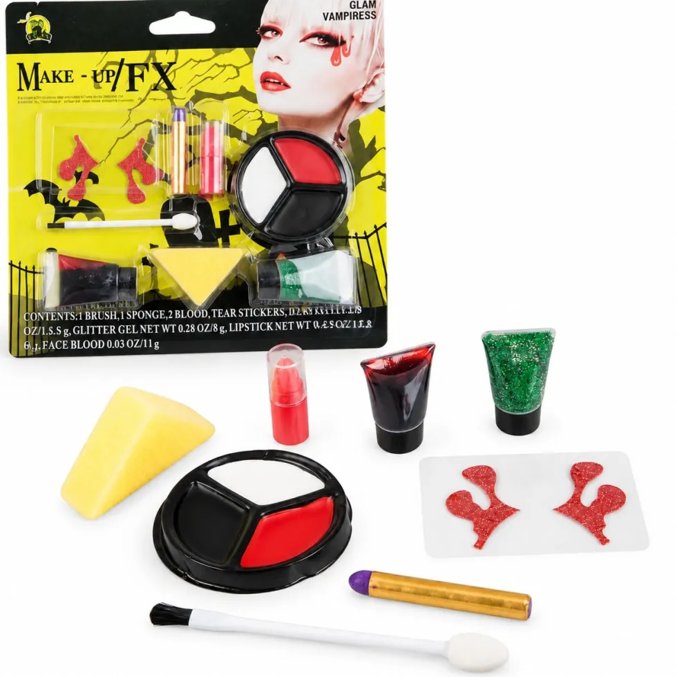 Halloween sminkkit vampyr med ansiktsfärg, fejkblod 8 ml och rött läppstift