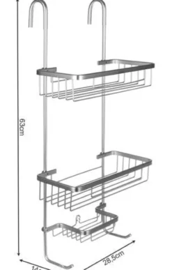 Hängande duschhylla 3 hyllor aluminium silver med sugkopp 63 cm