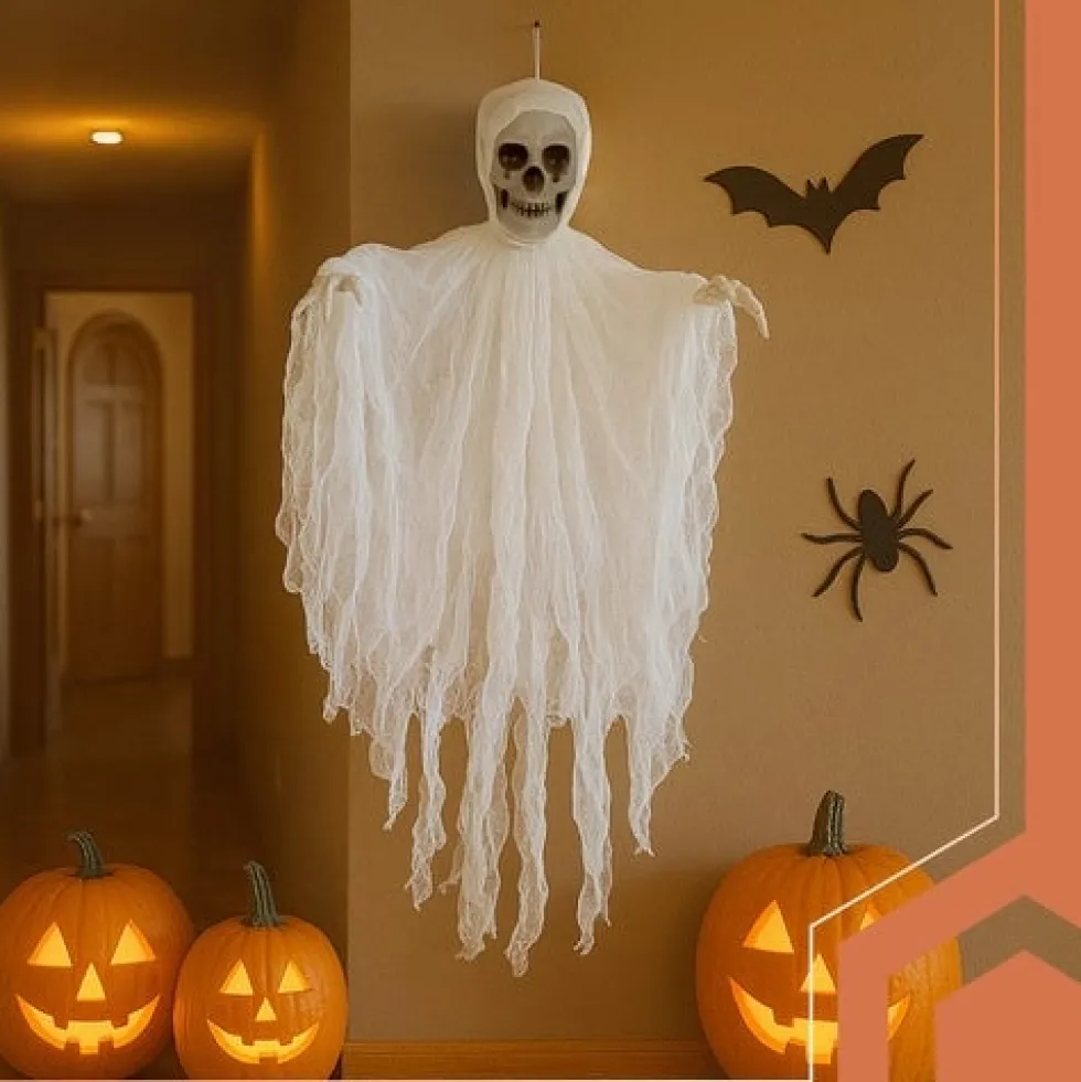 Hängande skelett Halloween-dekoration 70x60 cm vit, inomhus/utomhus