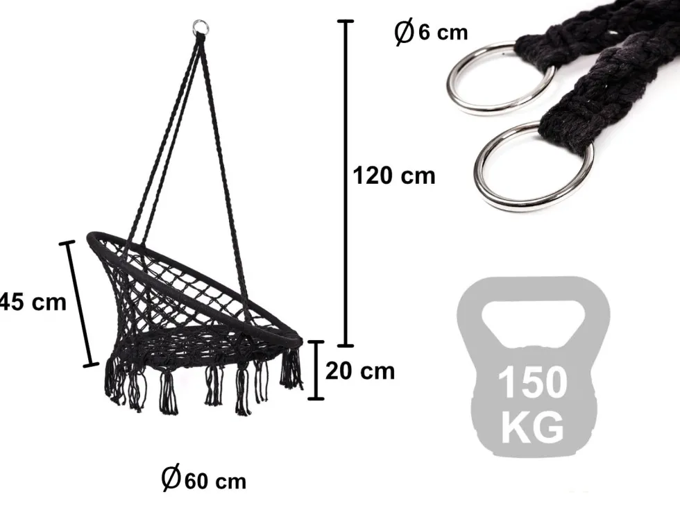 Hängfåtölj med metallram 150 kg svart 80 cm