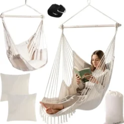 Hängstol beige bomull 150 kg med 2 kuddar, metallstång och förvaringspåse