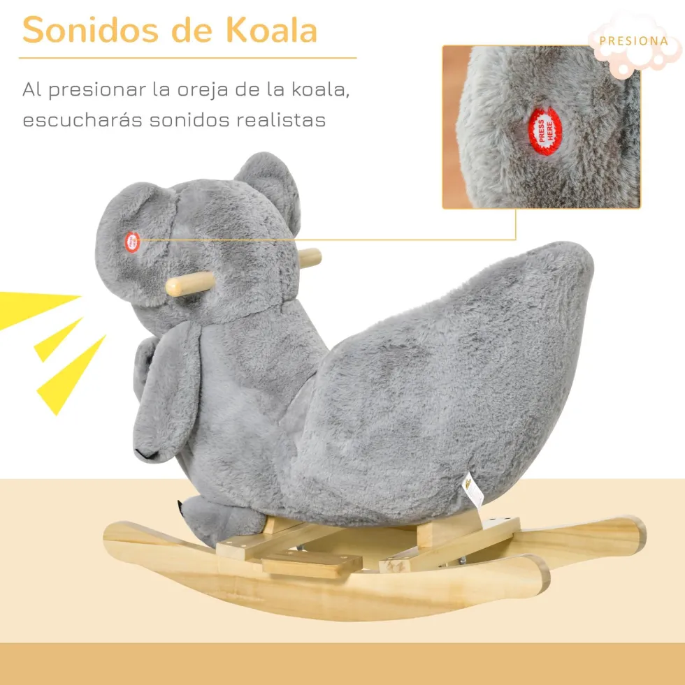 HOMCOM Gunghäst i form av en koala med docka för bebisar 18-36 månader med ljud, säkerhetsbälte och fotstöd, 60x33x50 cm, grå