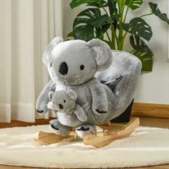 HOMCOM Gunghäst i form av en koala med docka för bebisar 18-36 månader med ljud, säkerhetsbälte och fotstöd, 60x33x50 cm, grå