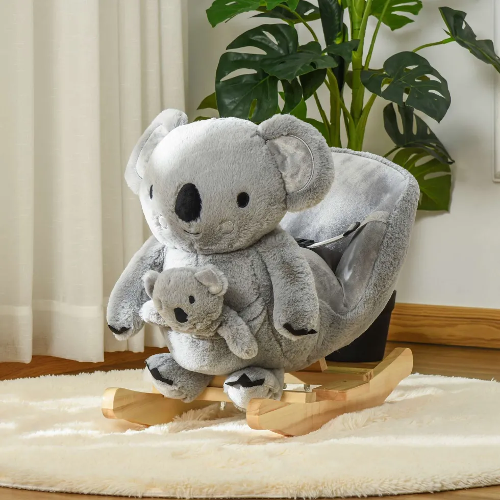 HOMCOM Gunghäst i form av en koala med docka för bebisar 18-36 månader med ljud, säkerhetsbälte och fotstöd, 60x33x50 cm, grå