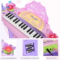 HOMCOM 32-tangenters elektroniskt keyboard för barn, musikaliskt leksakspiano för barn med mikrofon, pall, ljus, olika ljud, rytmer, melodier, MP3-karaoke, undervisningsläge, rosa