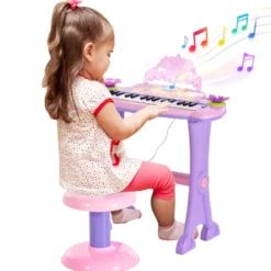 HOMCOM 32-tangenters elektroniskt keyboard för barn, musikaliskt leksakspiano för barn med mikrofon, pall, ljus, olika ljud, rytmer, melodier, MP3-karaoke, undervisningsläge, rosa