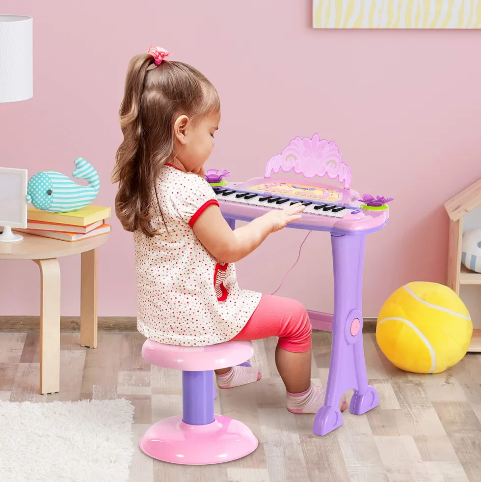 HOMCOM 32-tangenters elektroniskt keyboard för barn, musikaliskt leksakspiano för barn med mikrofon, pall, ljus, olika ljud, rytmer, melodier, MP3-karaoke, undervisningsläge, rosa