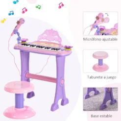 HOMCOM 32-tangenters elektroniskt keyboard för barn, musikaliskt leksakspiano för barn med mikrofon, pall, ljus, olika ljud, rytmer, melodier, MP3-karaoke, undervisningsläge, rosa