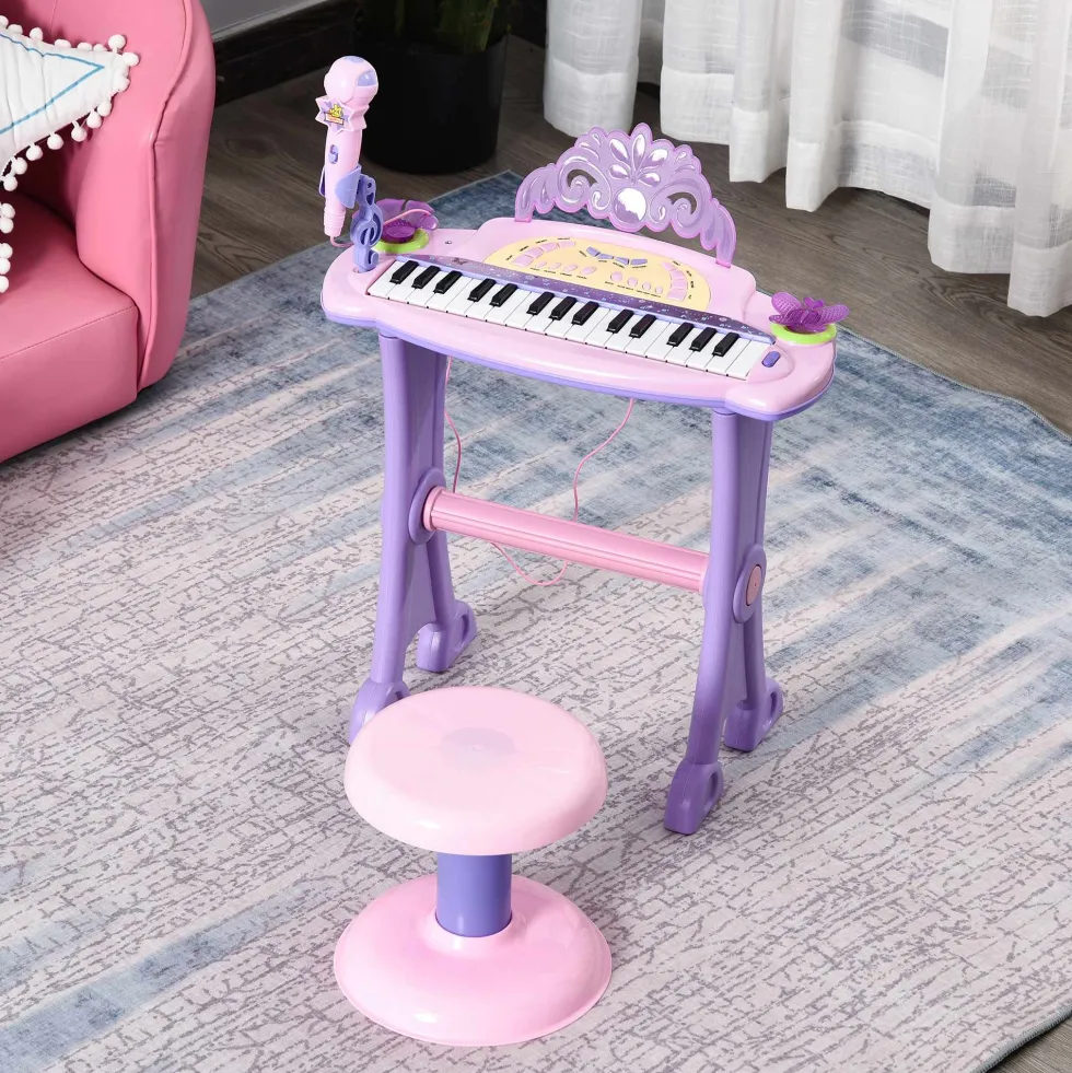 HOMCOM 32-tangenters elektroniskt keyboard för barn, musikaliskt leksakspiano för barn med mikrofon, pall, ljus, olika ljud, rytmer, melodier, MP3-karaoke, undervisningsläge, rosa