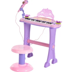 HOMCOM 32-tangenters elektroniskt keyboard för barn, musikaliskt leksakspiano för barn med mikrofon, pall, ljus, olika ljud, rytmer, melodier, MP3-karaoke, undervisningsläge, rosa