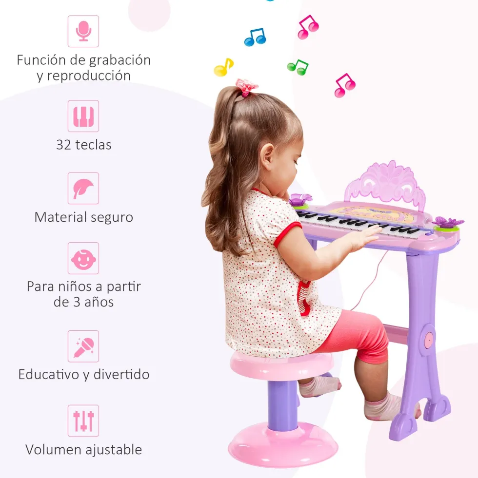 HOMCOM 32-tangenters elektroniskt keyboard för barn, musikaliskt leksakspiano för barn med mikrofon, pall, ljus, olika ljud, rytmer, melodier, MP3-karaoke, undervisningsläge, rosa