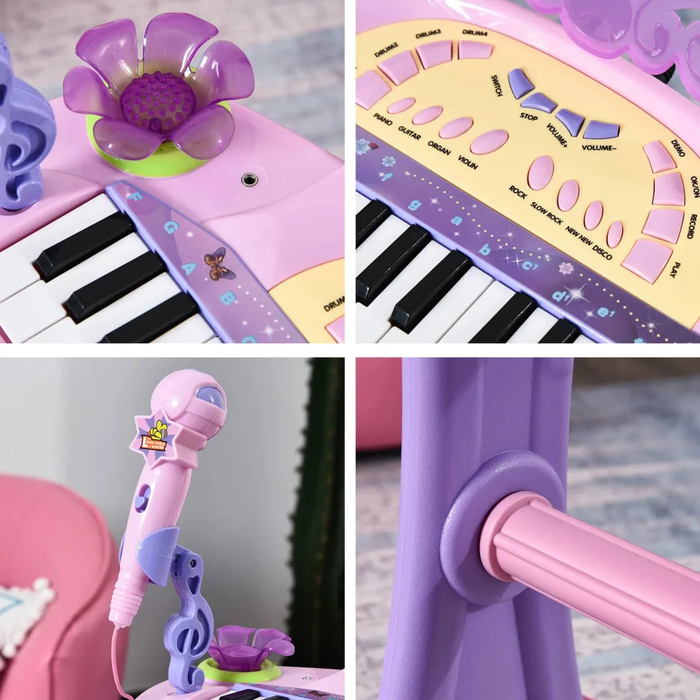 HOMCOM 32-tangenters elektroniskt keyboard för barn, musikaliskt leksakspiano för barn med mikrofon, pall, ljus, olika ljud, rytmer, melodier, MP3-karaoke, undervisningsläge, rosa