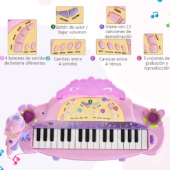HOMCOM 32-tangenters elektroniskt keyboard för barn, musikaliskt leksakspiano för barn med mikrofon, pall, ljus, olika ljud, rytmer, melodier, MP3-karaoke, undervisningsläge, rosa