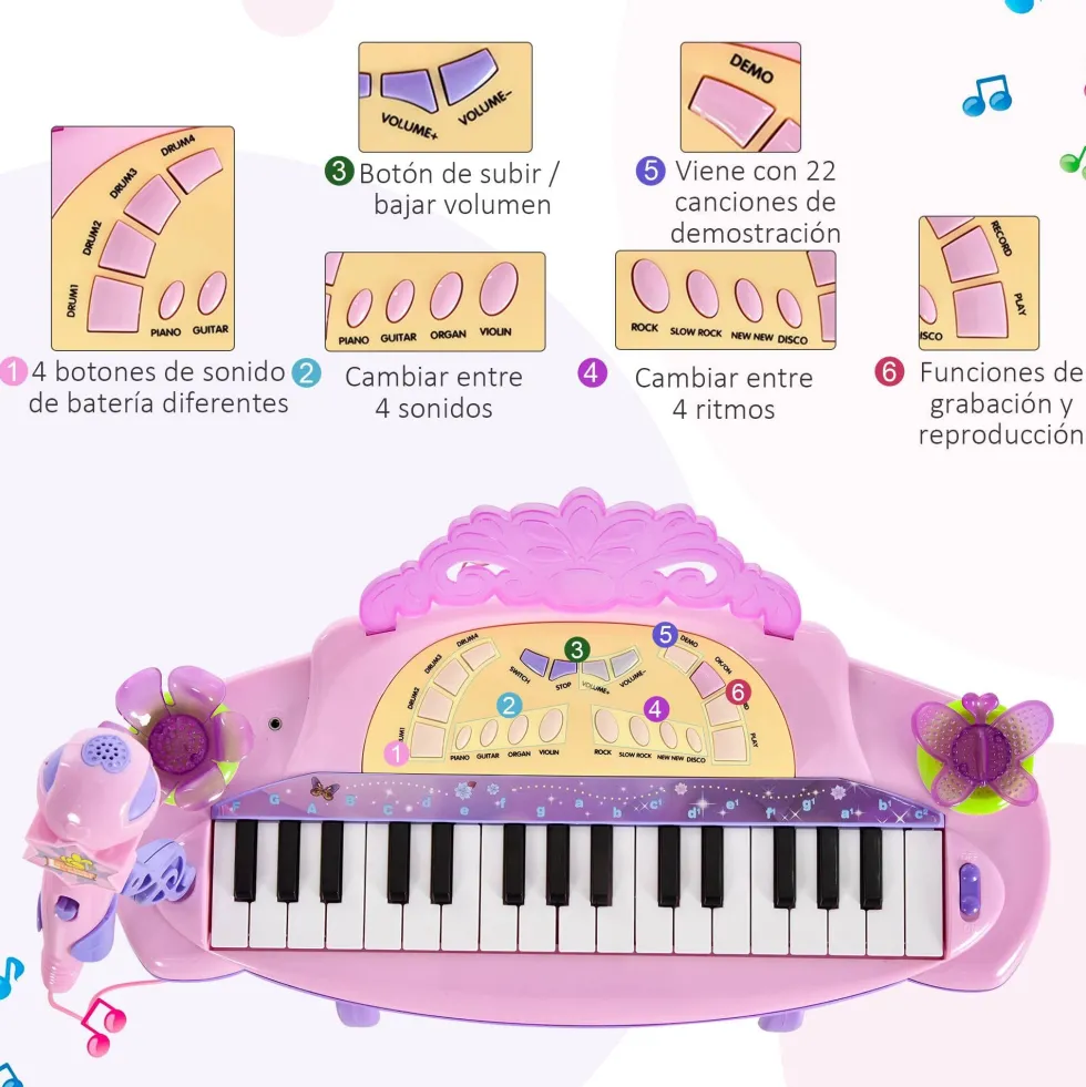 HOMCOM 32-tangenters elektroniskt keyboard för barn, musikaliskt leksakspiano för barn med mikrofon, pall, ljus, olika ljud, rytmer, melodier, MP3-karaoke, undervisningsläge, rosa