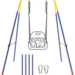 Hopfällbar gungställning för barn med 2 krokar och 4 stöttor, robust för 50 kg, A-form, 128x155x157 cm, blå