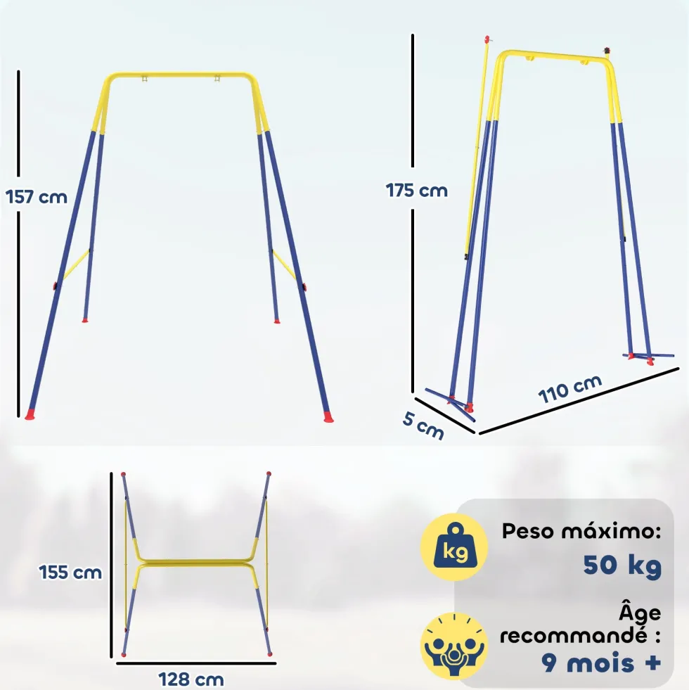 Hopfällbar gungställning för barn med 2 krokar och 4 stöttor, robust för 50 kg, A-form, 128x155x157 cm, blå