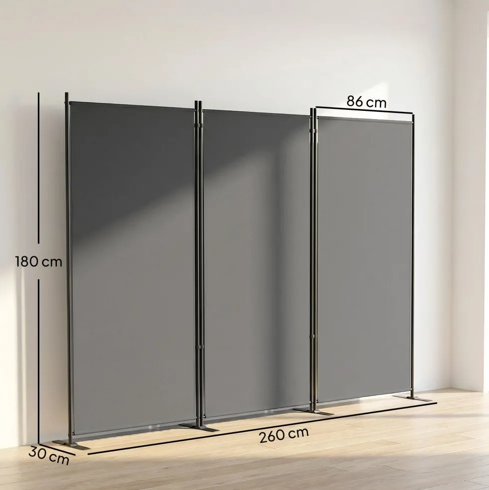 Hopfällbar rumsavdelare med 3 paneler, 260x180 cm, med metallram, UPF 30+, mörkgrå
