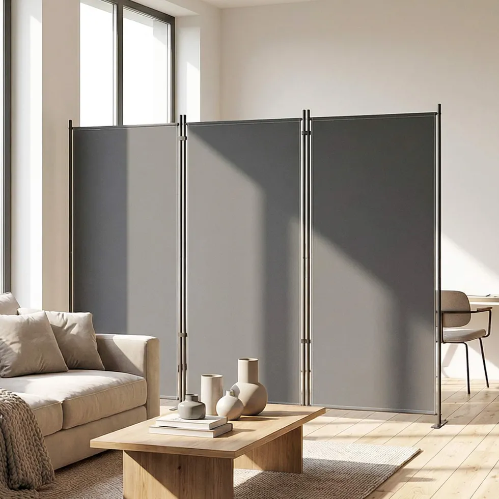 Hopfällbar rumsavdelare med 3 paneler, 260x180 cm, med metallram, UPF 30+, mörkgrå