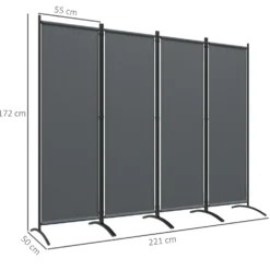 Hopfällbar rumsavdelare med 4 paneler, 221x172 cm, för inomhusbruk, mörkgrå