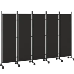 Hopfällbar rumsavdelare med 5 paneler och 12 hjul, 252x170 cm, anpassad för montering, svart