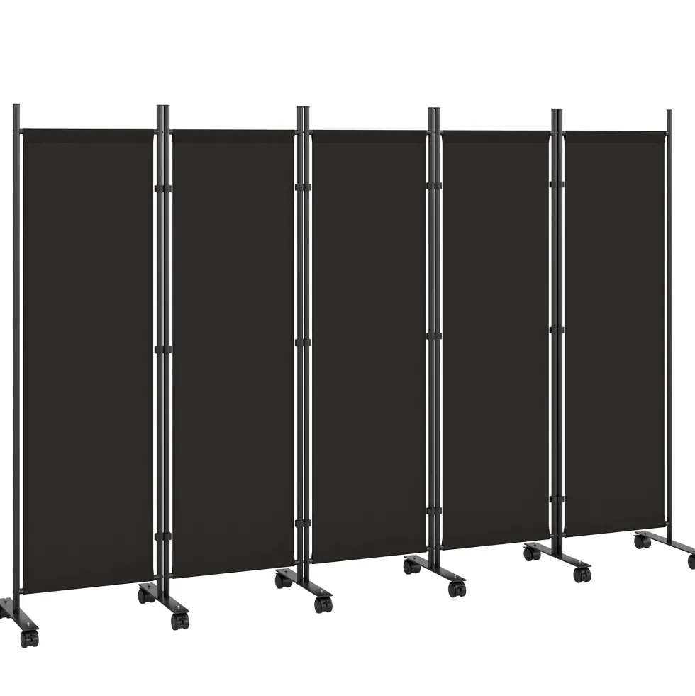 Hopfällbar rumsavdelare med 5 paneler och 12 hjul, 252x170 cm, anpassad för montering, svart