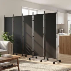 Hopfällbar rumsavdelare med 5 paneler och 12 hjul, 252x170 cm, anpassad för montering, svart