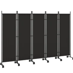 Hopfällbar rumsavdelare med 5 paneler och 12 hjul, 252x170 cm, anpassad för montering, svart