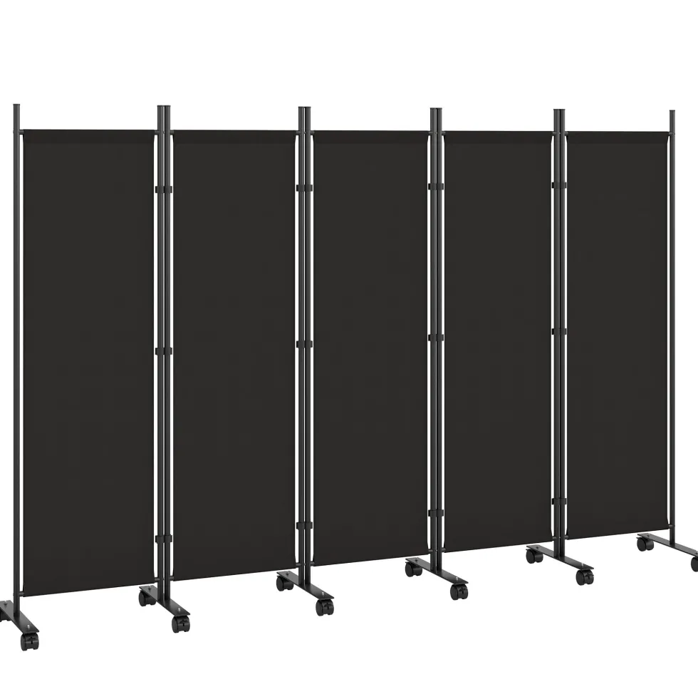 Hopfällbar rumsavdelare med 5 paneler och 12 hjul, 252x170 cm, anpassad för montering, svart
