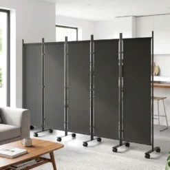 Hopfällbar rumsavdelare med 5 paneler och 12 hjul, 252x170 cm, anpassad för montering, svart