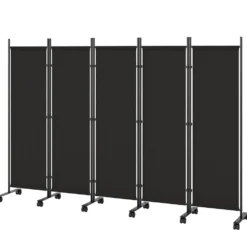 Hopfällbar rumsavdelare med 5 paneler och 12 hjul, 252x170 cm, anpassad för montering, svart