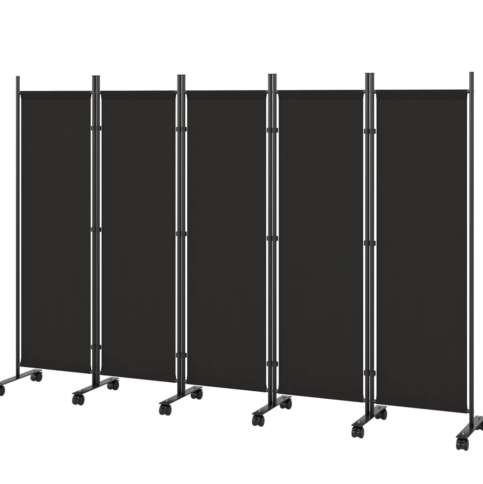 Hopfällbar rumsavdelare med 5 paneler och 12 hjul, 252x170 cm, anpassad för montering, svart
