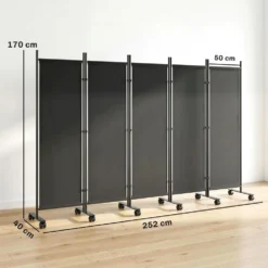 Hopfällbar rumsavdelare med 5 paneler och 12 hjul, 252x170 cm, anpassad för montering, svart